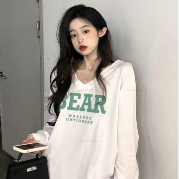 韓版秋季新品🍂大尺碼上衣 長袖T桖棉 胖mm大碼女裝秋季洋氣網紅v領上衣 寬松百搭長袖t恤打底衫100KG可穿 上衣女