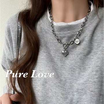 Pure Love樂芙 / 正韓 鈦鋼【316L醫療鋼】G01085立體愛心鏈條OT扣鎖骨鏈 短項鏈 / 銀
