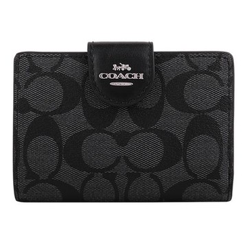 COACH - 銀馬車防刮LOOG皮革釦式拉鍊中夾 (黑灰)