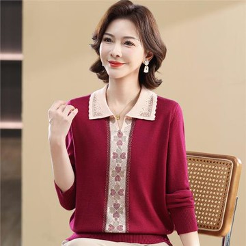 媽媽裝小翻領針織毛衣女中老年秋冬毛衫薄款打底衫長袖通勤POLO衫