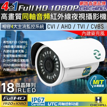 【CHICHIAU】TVI 同軸音頻 四合一 1080P 200萬畫素數位高清微晶陣列燈監視器攝影機