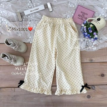 🌈✨mix1001薄 可愛小點點黑色緞帶🎀喇叭褲✨兒童寬鬆棉褲 5-17