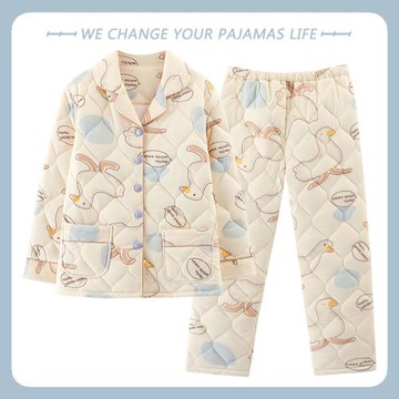 2025年睡衣女士冬季加厚三層保暖純棉夾棉襖秋冬款冬天家居服套裝