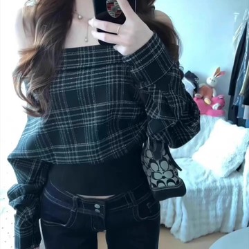 好穿愛到骨子裡！ 韓系慵懶風 黑白撞色格紋 長袖t恤 女 設計感一字肩 甜辣風穿搭 收腰顯瘦 長袖上衣 闊腿褲 初秋套裝