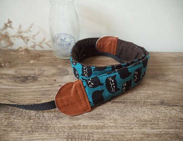 手作減壓相機背帶 相機背繩 手機帶 (藍綠底黑色貓咪) S63