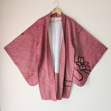 Japanese Vintage Haori 羽織 正絹 紅色 總絞 花流水紋 古布 時代布 獨一無二 大正浪漫 和洋混搭