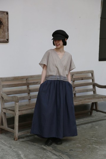 宛如「穿在身上的藝術品」拼接長洋裝 亞麻混紡 260503-1