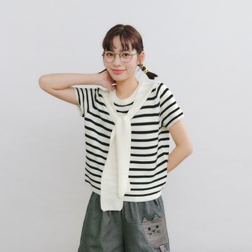 【Dailo】休閒綁帶領條紋短袖針織上衣 藍 杏 灰