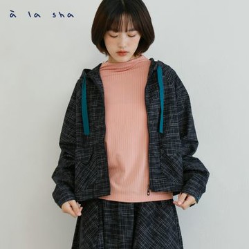 a la sha 不規則格紋連帽薄外套