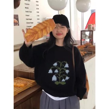 韓國東大門2025新款hone花朵浣熊絨寬松慵懶風套頭復古針織毛衣秋