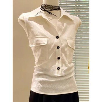 設計感小眾白色無袖襯衫女裝夏季十三行新款法式氣質短款襯衣上衣