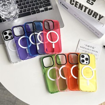 ins簡約撞色邊框透明磁吸適用iphone15promax蘋果13手機殼新款14網紅12pro無線充電14pro情侶全包防摔保護套