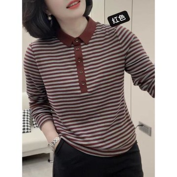 韓系復古條紋針織衫早秋新款今年流行翻領撞色減齡媽媽裝打底衫女