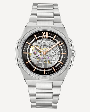 Kenneth Cole | Skeleton Mechanical Gold-Tone Bracelet Watch in Silver