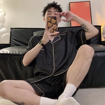 睡衣男款夏天冰絲綢短袖套裝寬松休閑青少年男士夏季春秋款家居服