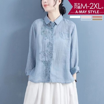 加大碼 上衣 文藝刺繡不對稱日韓簡約風襯衫(M-2XL)
