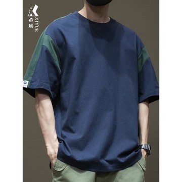 希越夏季潮流日系拼接撞色重磅短袖T恤男純棉男士寬松大碼男款潮