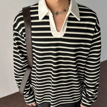 設計小V領條紋polo衫男 秋季寬鬆休閒百搭長袖T恤上衣男