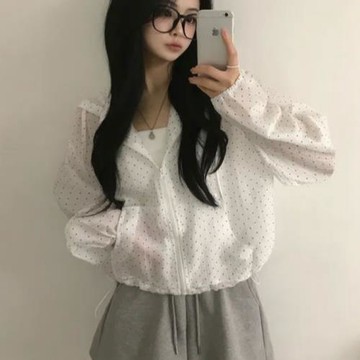 襯衫女夏季韓系chic寬松休閑甜美風減齡花邊連帽波點防曬外套上衣