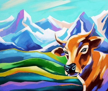 高山山脈繪畫牛原創藝術動物藝術品景觀牆藝術