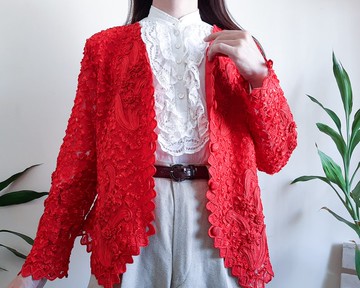 復古紅色手工刺繡蕾絲絲帶夾克刺繡絲帶花卉