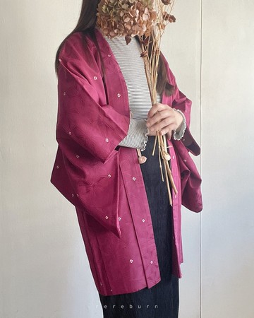 日本製和風印花薄款紫紅色古著羽織和服外套