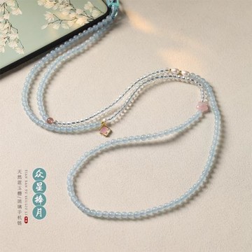 清新文藝藍玉髓長款斜跨可背手機掛繩琉璃串珠防丟小眾新中式掛件