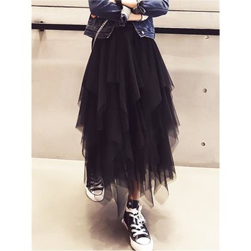 秋冬新款不規則高腰顯瘦網紗蓬蓬裙中長款裙子黑色紗裙女半身裙