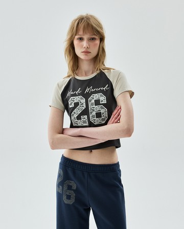 MARDI MERCREDI 印花短TEE 栗色 蕾絲拼接 米色 短版 CROPPED TSHIRT RAGLAN NO.26 LACE