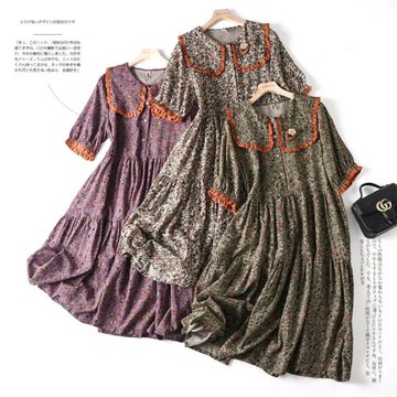 夏季新款森女碎花大翻領連衣裙寬松甜美文藝復古大下擺減齡女長裙