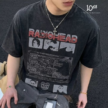 『1068』美式復古 Radiohead 樂隊印花 重磅水洗做舊短袖 T恤 寬鬆 廓形 【A91761】