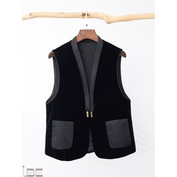 新中式V領絲絨馬甲背心女 春秋新款復古國風氣質坎肩無袖上衣外套