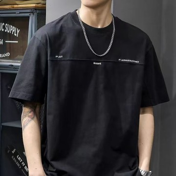 夏季2026新款重磅拼接短袖T恤男美式潮刺繡體恤百搭半袖寬鬆圓領