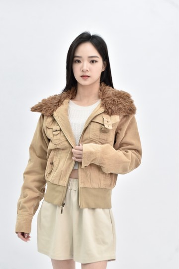(L) lei 棉質毛領燈芯絨卡其棕色外套