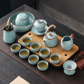天青汝窯功夫茶具套裝蓋碗茶盤輕奢茶杯會客廳高檔泡茶壺2024新款