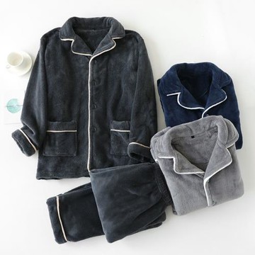 男士秋冬季珊瑚絨睡衣加厚加絨保暖大碼法蘭絨家居服套裝青中年