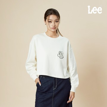 Lee 草寫LOGO短版大學T 女 白色 粉色 LB511024