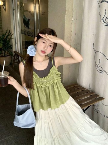 【missy shop】一挽青絲木耳邊背心兩件套長裙套裝-12367