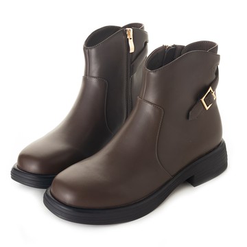 質感時尚斜扣帶設計粗跟短靴 咖 GB546BN