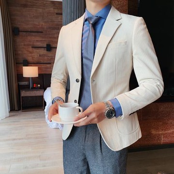 燈芯絨休閑西裝外套男秋冬加厚時尚潮流痞帥條紋西服修身單西上衣