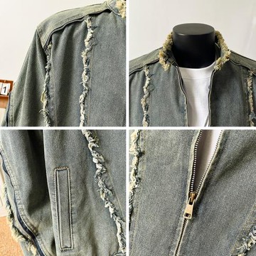 美式解構感毛邊立領牛仔外套男秋季潮牌復古小眾水洗寬松機車夾克