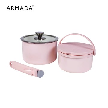 【ARMADA】蜜桃粉琺瑯提鍋 七件組 ( 可拆式鍋具 /  一鍋多用 )  贈: 粉色矽膠廚具三件組