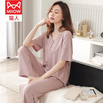 貓人媽媽睡衣女夏季薄款短袖長褲莫代爾棉綢家居服夏天加大碼套裝