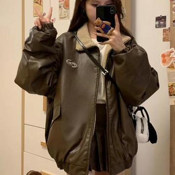 美式復古pu皮衣兩面穿羊羔毛外套女秋冬季新款加絨加厚高級感棉服