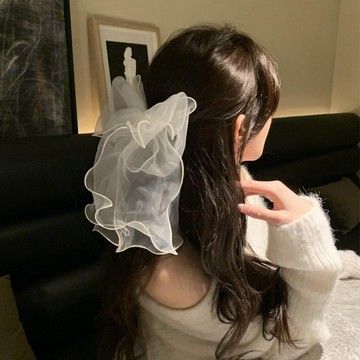 【Miss迷飾】捲邊雪紡蝴蝶結髮夾 紡紗蝴蝶結 木耳邊 新娘結婚 登記 新娘頭紗 彈簧夾 髮夾 日韓髮飾