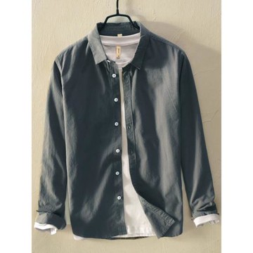 日系純色休閑長袖襯衫男春秋季百搭寬松純棉襯衣潮流上衣免燙寸衫