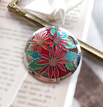【西洋古董飾品】景泰藍風格 紅花 花卉 大別針 胸針