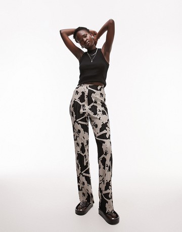 Topshop Tall floral printed plisse straight leg trouser in mono-Multi