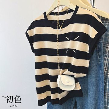 初色 法式休閒薄款寬鬆顯瘦撞色條紋圓領短袖針織衫上衣女上衣-共3色-14844(F可選)