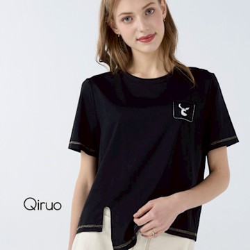 Qiruo 奇若春夏專櫃精品上衣7102A 女時尚圖案黑色短袖